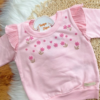 Conj. Casaco Floral de Moletom com Babadinhos e Calça Ribana Flare - Rosa